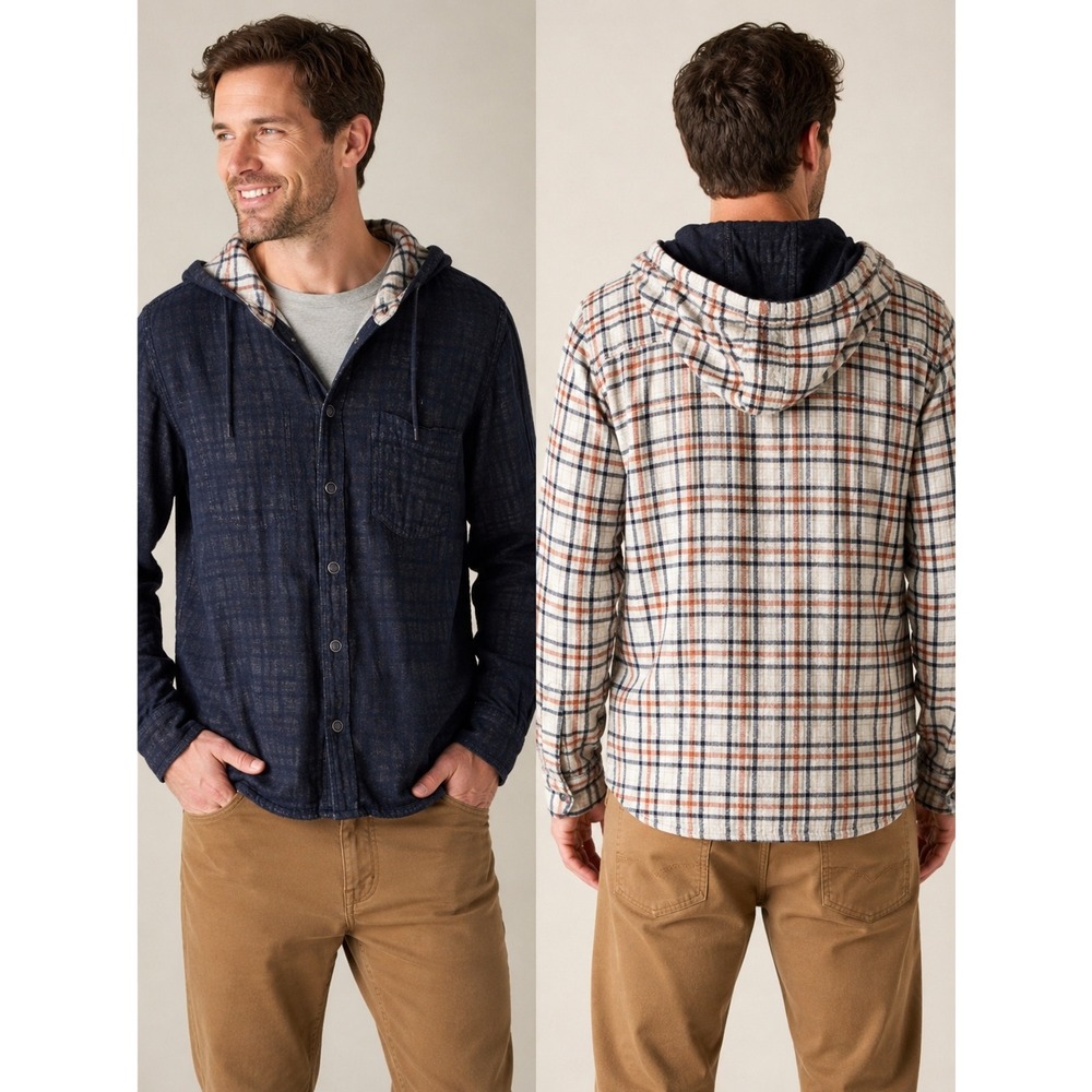 Toad&Co Mens Reversible Organic Cotton Hooded Shirt Jacket Navy Plaid Medium